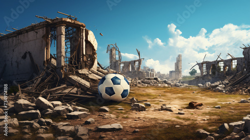 Football concept of ruins with abandoned soccer.