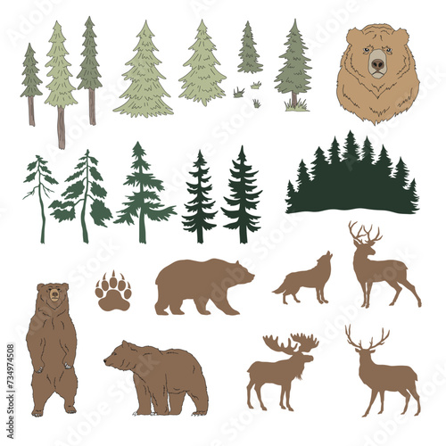 Retro earthy colours wild nature evergreen trees forest animals vector illustration set isolated on white. Pine spruce fir tree brown bear grizzly reindeer wolf elk print collection. Happy camper