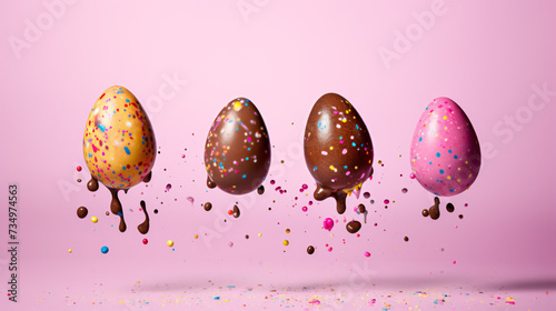 Four falling colorful chocolate Easter eggs.