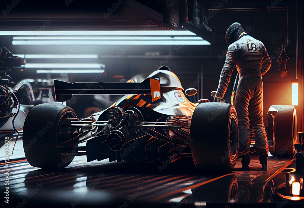 preparing car for start in formula one racing competitions, generative ai - obrazy, fototapety, plakaty 