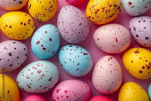 Colorful Easter eggs arranged in a pattern.