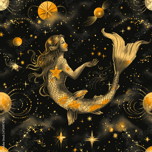 Mermaid in mysterious night with stars moon and face as background, ai generated