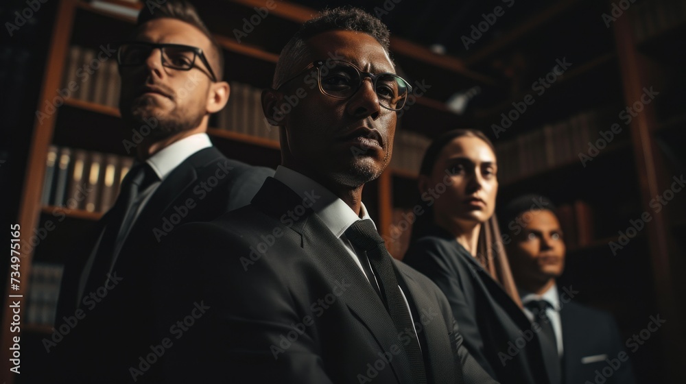 Portrait of successful happy business team posing at office lobby. Dark background