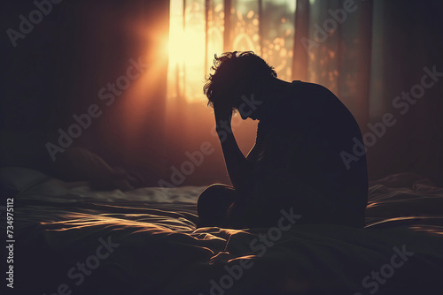 Silhouette of a young person sitting on the edge of a bed with head bowed, portraying the internal struggle with depression and stigma associated with seeking mental health help