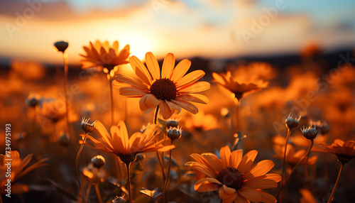 Sunset meadow, yellow flower, beauty in nature, vibrant colors generated by AI © grgroup