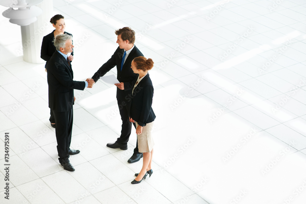 Fototapeta premium Business people, shaking hands and thank you for welcome in introduction, hello and opportunity. Partnership, onboarding and coworkers in agreement, top view and promotion in office or collaboration