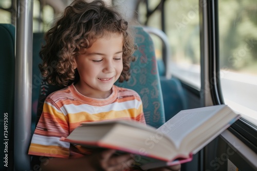 kid reading book sitting in bus seat