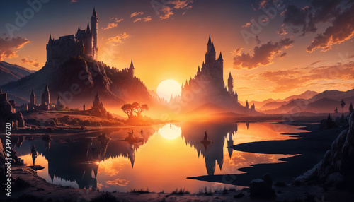 Fantasy landscape with ancient temples and lake at sunset