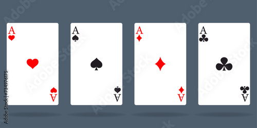 Set of playing cards isolated four poker game objects isolated on background. Hearts, spades, diamonds, clubs cards sign. Poker, gambling concept. Template for casino, web design. 