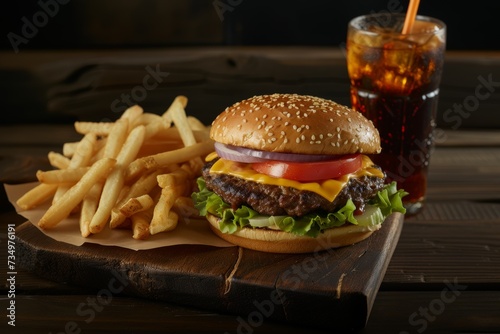 Classic Cheeseburger with French Fries and a Cold Drink. Generative AI.