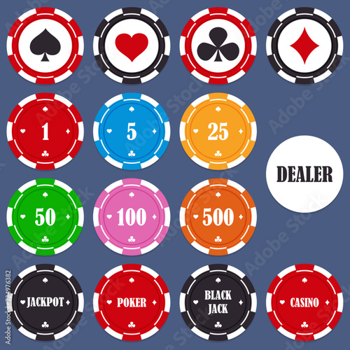 Poker chips, casino game icons. Gambling coins, four tokens with card signs of diamond, heart, spade and club isolated on background. Vector illustration of red, blue, green, yellow gambling tokens.