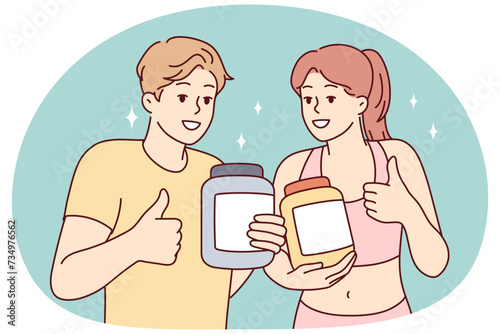 Slim man and woman demonstrating jars for sports supplements and showing thumbs up. Guy and girl trainers from fitness club recommend purchasing specialized nutrition for athletes. Flat vector design