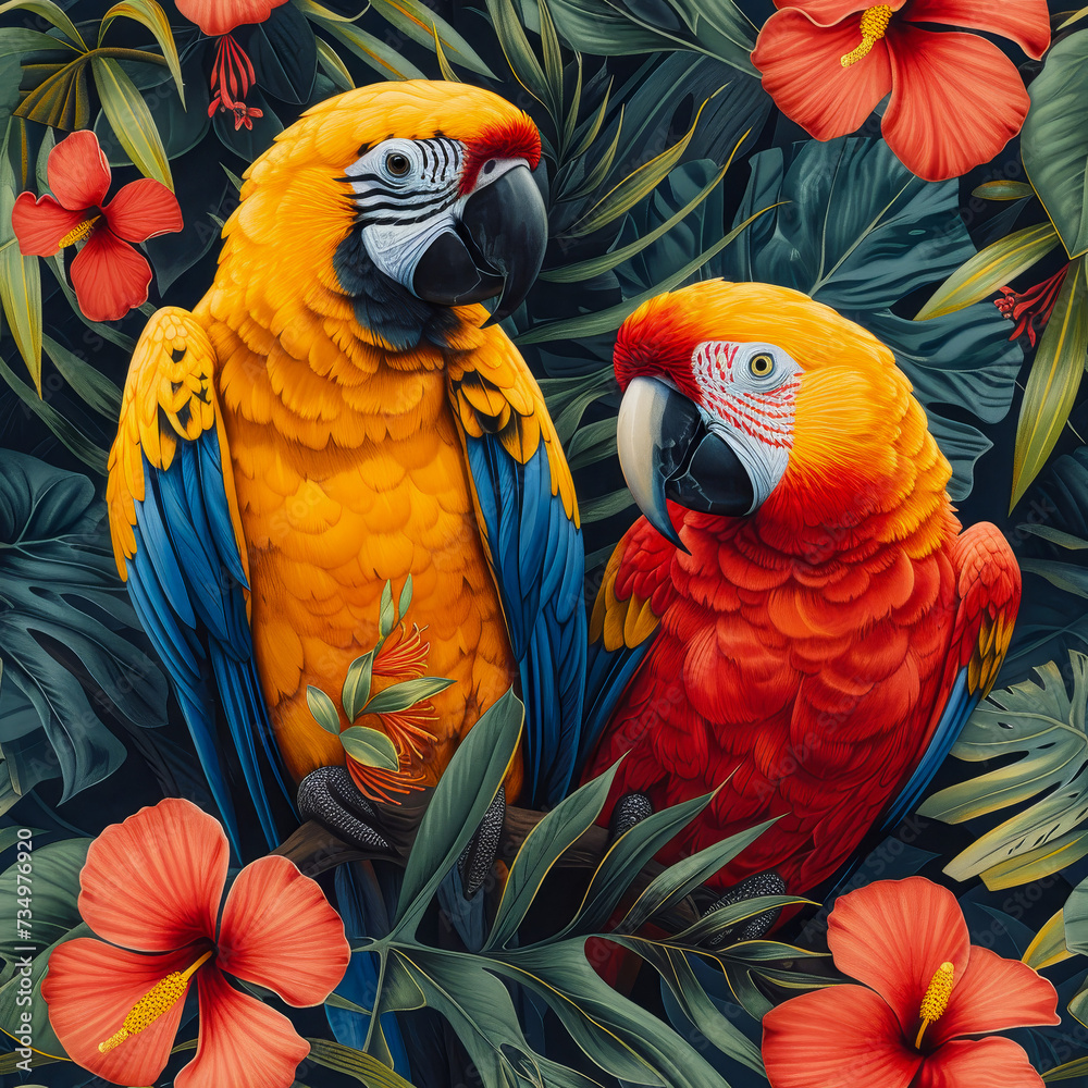 Fototapeta premium Tropical rainforest parrot as background, ai generated