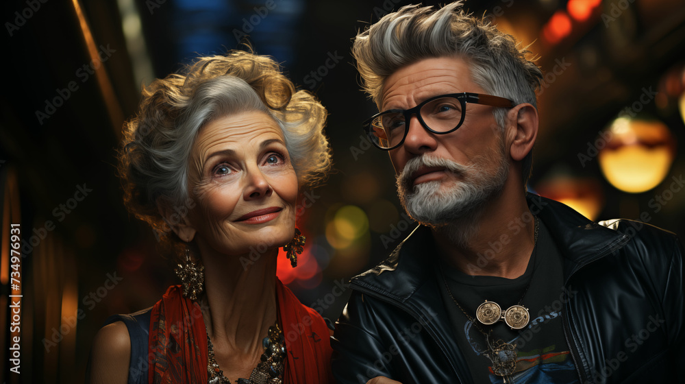 Old man and a woman standing side by side in a casual pose, wearing casual clothes. Generative AI. Old man and a woman standing side by side in a casual pose, wearing casual clothes. Generative AI.