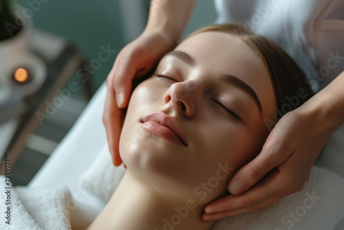 Close up masseur hands making face relaxing massage to a young girl lying with closed eyes in beauty salon or cosmetology cabinet. Professional cosmetologist making massage for woman in spa