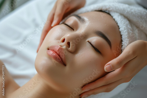 Close up masseur hands making face relaxing massage to a young Asian girl lying with closed eyes in beauty salon or cosmetology cabinet. Professional cosmetologist making massage for woman in spa