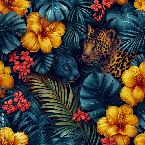 Tropical rainforest panther as background, seamless tile, ai generated