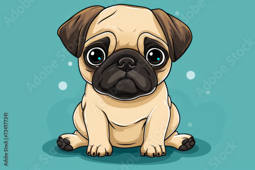Cute cartoon pug sitting on blue background. Cartoon style illustration.