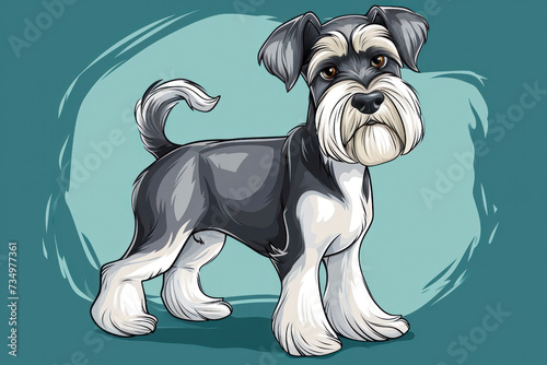 Cartoon style illustration of a miniature schnauzer dog on a blue background