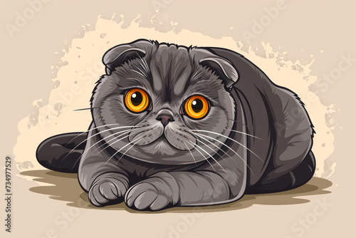 Cute Scottish Fold cat lying on the floor. Cartoon style illustration of a pet.