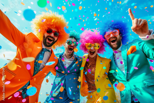 Funny group of happy young people dressed in bright business suits, curly wigs and colorful large glasses with rhinestones, dancing under confetti on background of blue shiny rain.