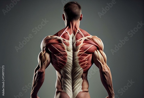 Male Full Body Muscle and Connective Tissue Anatomy, Rear View on White Background. Generative AI