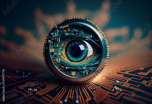 An AI eye peering out of a computer circuit board, a glimpse into the future of technology. Generative AI