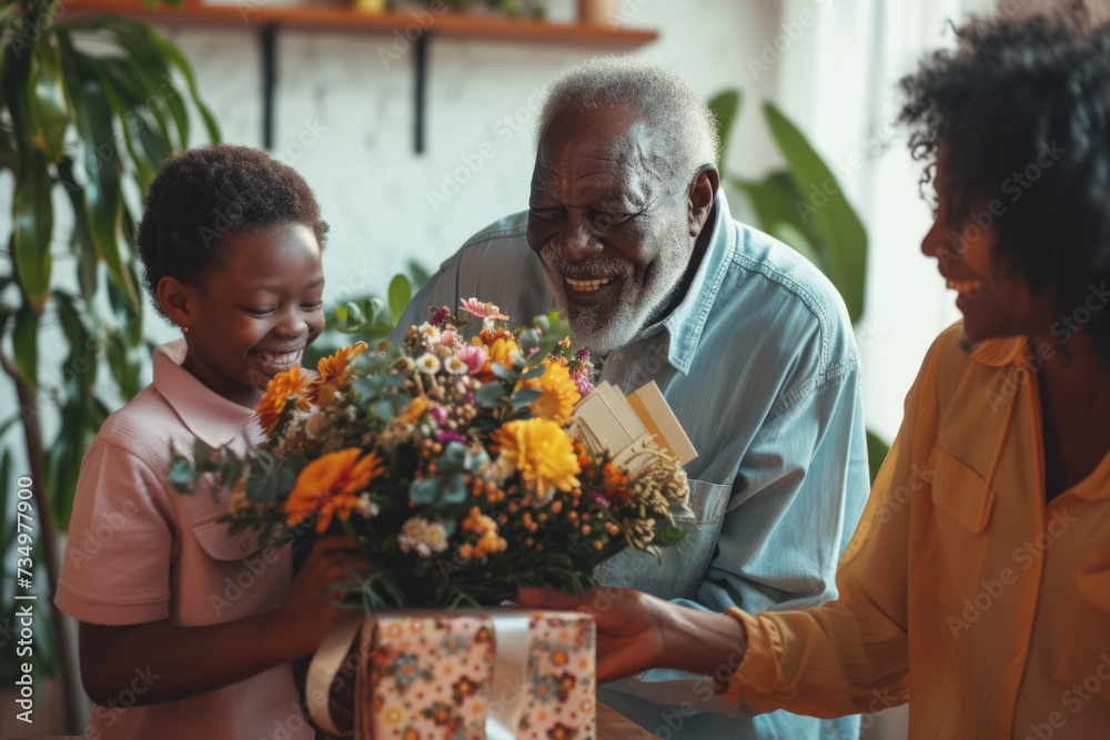 Happy African American grandfather receives birthday presents from his loving family. Children together with grandmother give grandpa a card and a bouquet of beautiful flowers