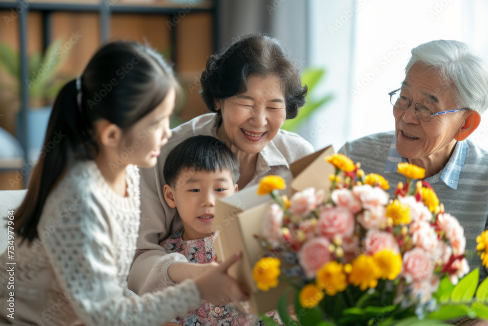 Happy Asian grandmother receives birthday presents from her loving family. Children together with grandfather give grandma a card and a bouquet of beautiful flowers Happy Asian grandmother receives birthday presents from her loving family. Children together with grandfather give grandma a card and a bouquet of beautiful flowers