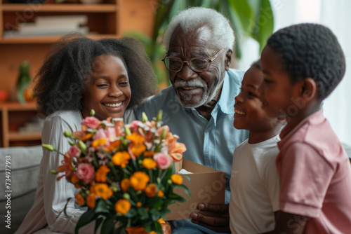 Happy African American grandfather receives birthday presents from his loving family. Children together with grandmother give grandpa a card and a bouquet of beautiful flowers