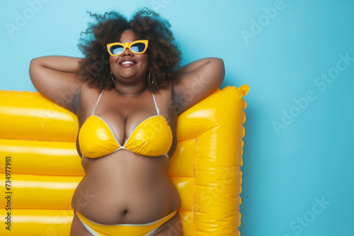 Happy funny plus size African American woman in sunglasses and summer yellow bikini holding inflatable mattress isolated on a studio blue background. Fat girl going to swim on a beach. 