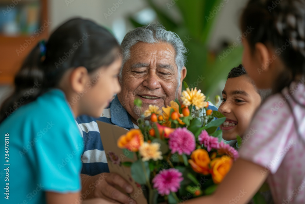 Happy Hispanic grandfather receives birthday presents from his loving family. Children together with grandmother give grandpa a card and a bouquet of beautiful flowers