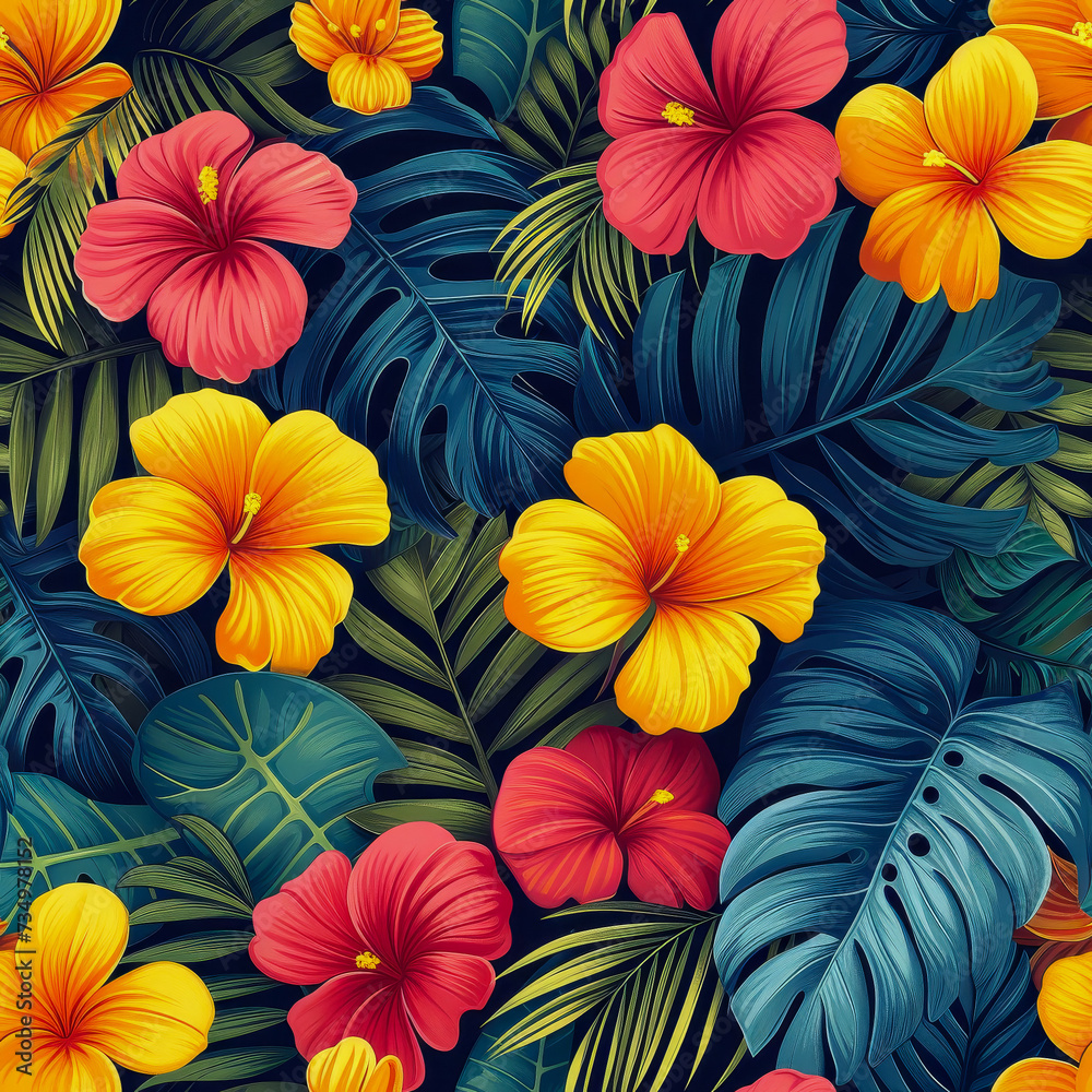 Tropical rainforest leaves and flowers as background, ai generated Tropical rainforest leaves and flowers as background, ai generated