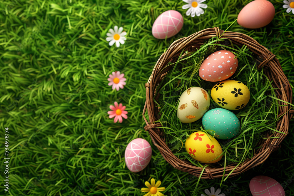 Fototapeta premium easter card, easter bunny with eggs, easter eggs and flowers, easter eggs in a basket, easter eggs and flowers on a white background, easter wall paper and background for social media 