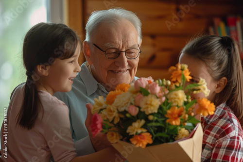 Happy grandfather receives birthday presents from his loving family. Children together with grandmother give grandpa a card and a bouquet of beautiful flowers © AI_images