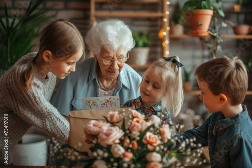 Happy grandmother receives birthday presents from her loving family. Children together with grandfather give grandma a card and a bouquet of beautiful flowers