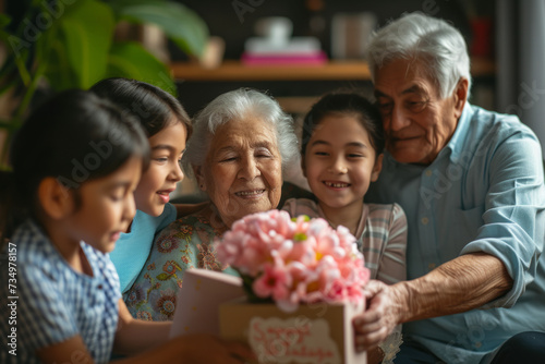 Happy Hispanic grandmother receives birthday presents from her loving family. Children together with grandfather give grandma a card and a bouquet of beautiful flowers