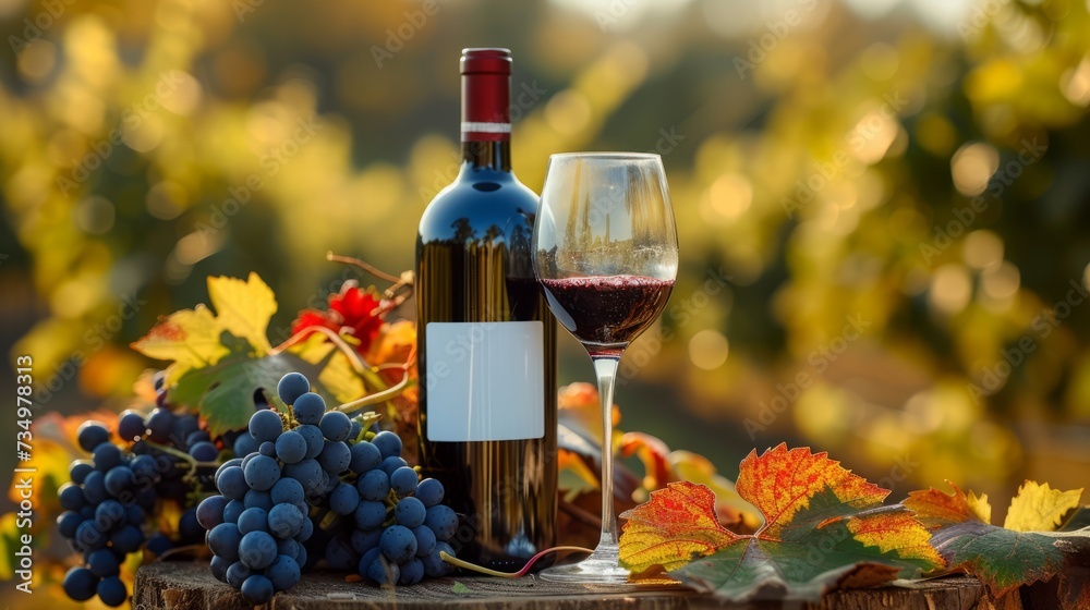 An outdoors setting with a red wine bottle with empty white label, a wine glass, and grapes, with greenery on a background
