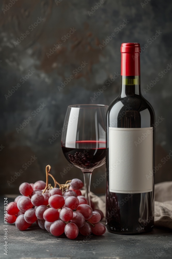 A red wine bottle with a white label and a wine glass with a bunch of grapes next to it