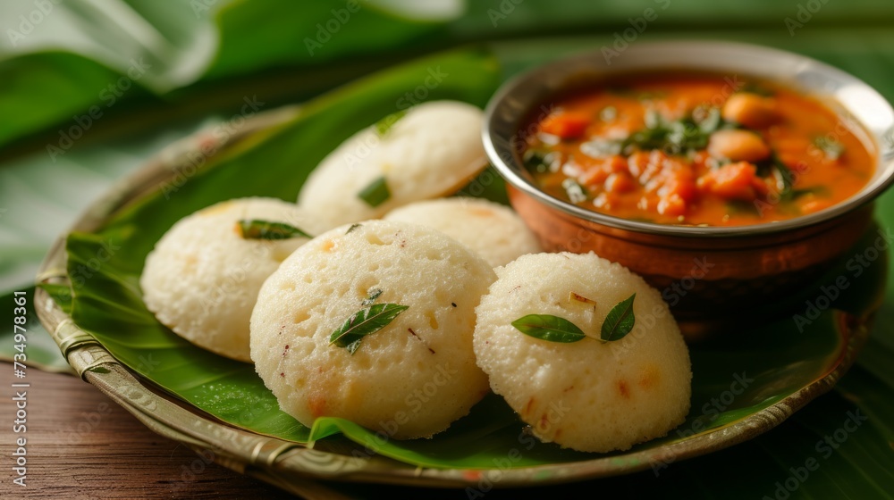 Close-up idli - rice cakes, and sambar - lentil-based curry, a popular South Indian breakfast or snack combination Close-up idli - rice cakes, and sambar - lentil-based curry, a popular South Indian breakfast or snack combination