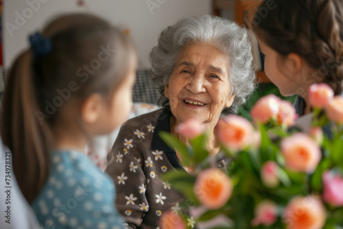 Happy senior Latin woman receives presents from her grandchildren. Children make their grandmother a birthday surprise. Little kids give their grandma a gift card and a bouquet of flowers © AI_images