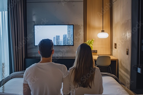 couple watching tv in modern hotel room