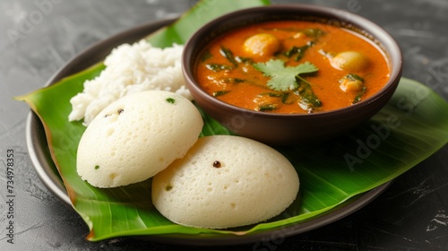 A plate with idli, soft and spongy rice cakes, paired with sambar, a flavorful lentil-based curry, typical of South Indian cooking, offered as a breakfast or snack photo