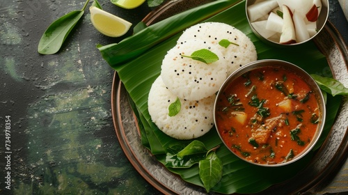 Top view idli, steamed rice cakes, accompanied by sambar, a flavorful lentil stew, capturing the essence of traditional South Indian cuisine, on a dark background with copy-space photo
