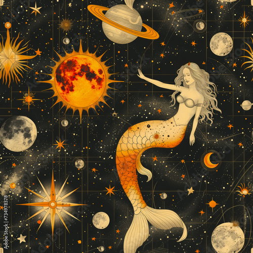 Mermaid in mysterious night with stars moon and face as background, ai generated