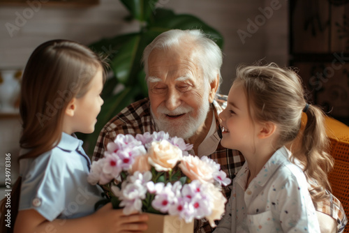 Happy senior man receives presents from his grandchildren. Children make their grandfather a birthday surprise. Little kids give their grandpa a gift card and a bouquet of flowers © AI_images