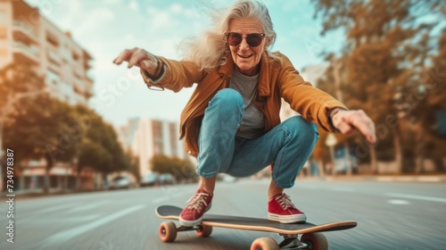 A stylish mature woman skateboarding on a longboard, exuding energy and vitality. Active aging or skateboarding enthusiasts concept. photo