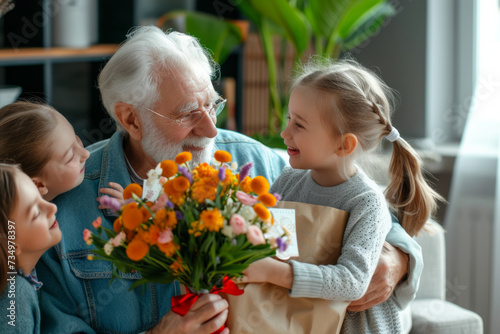 Happy senior man receives presents from his grandchildren. Children make their grandfather a birthday surprise. Little kids give their grandpa a gift card and a bouquet of flowers