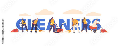 Snow Cleaners Clear Snow From Roads And Sidewalks Using Shovels, Snow Blowers, And Plows, Banner, Poster or Flyer