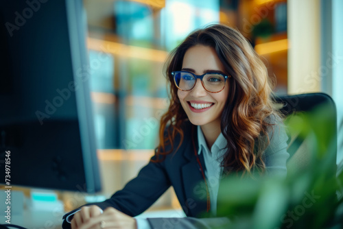 Happy smiling business woman in suit and glasses looking at monitor screen camera having online webinar or video call or conference with colleague sitting in office. Concept of internet communication.